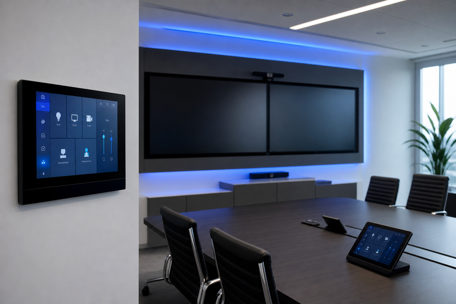 Wall-mounted touch control panel and tabletop room controller for AV automation in a corporate meeting room