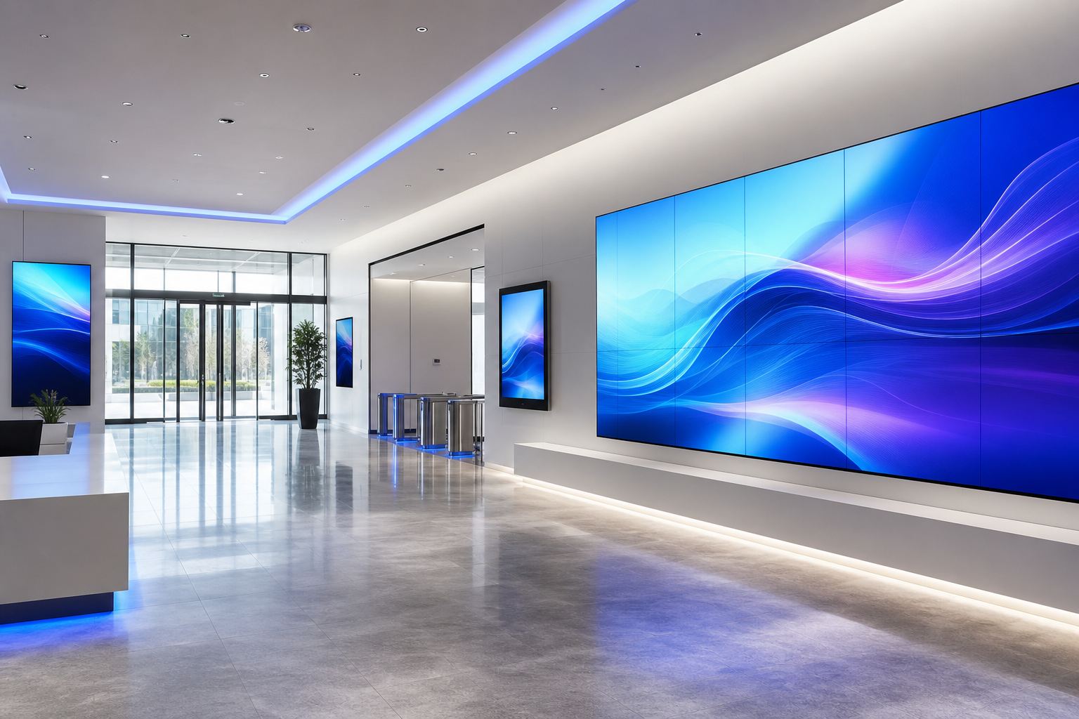 Corporate lobby with LED video wall and digital signage displays for visitor communication and wayfinding