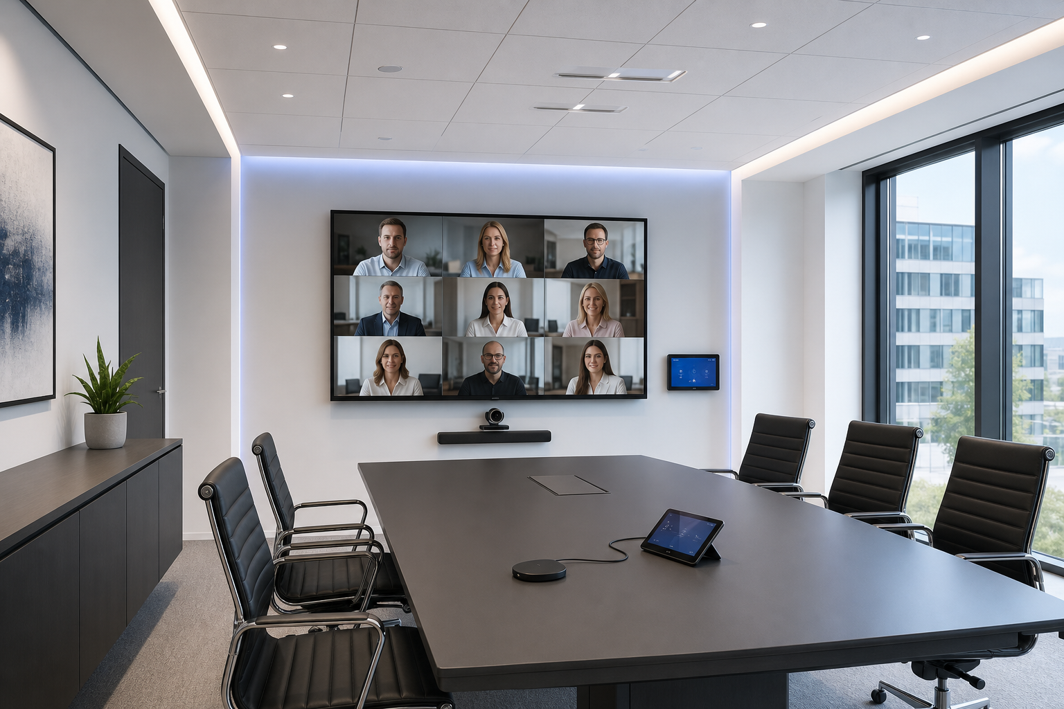 Modern hybrid meeting room with video conference display, camera, and integrated AV in a German corporate office